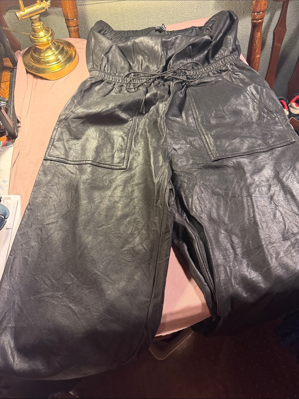Kittenish Black Faux Leather tapered leg Jumpsuit with Patch Pockets